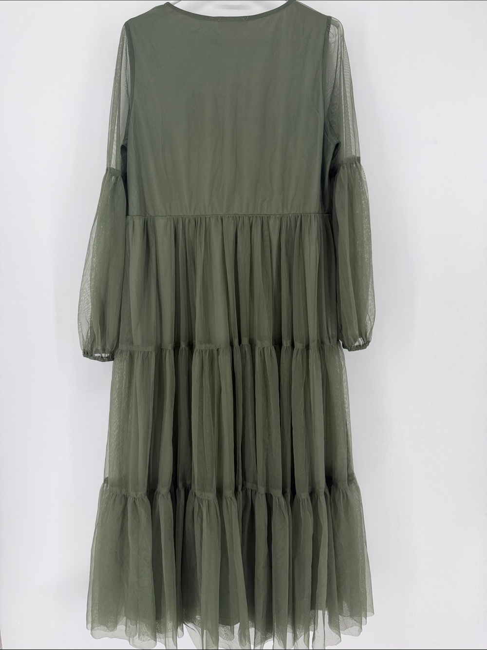 Baltic Born Olive Tulle Tiered Midi Dress Balloon Sleeve Size L Boho Whimsical - Picture 5 of 5